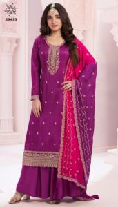 Elegant Design Silk <b>Kurta</b> Palazzo Suit with Sequence Embroidery Stitch Work for <b>Woman</b> Wedding Function Use for Export Selling - Product Image 3
