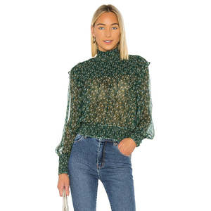 Top Peplum in Chiffon e Seta Verde per Donna Free People, Formale con Stampa Floreale, Maniche Lunghe, Colletto alla Coreana, Taglia XL - Product Image 1