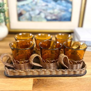 French Rattan and Wicker Tea Set with Amber Glass 1970s Retro Serving Set - Product Image 1