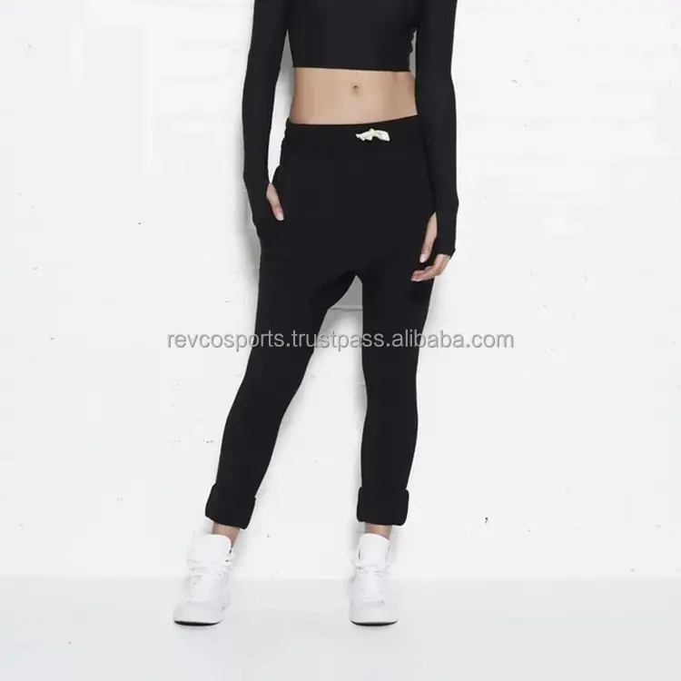 Ropa deportiva de gimnasio para mujer, pantalones deportivos con entrepierna caída para mujer, pantalones Haram de ajuste cónico, pantalones de chándal negros con cordón en la cintura para mujer