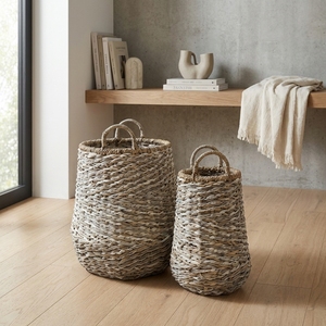 Natural Seagrass Recycled <b>Plastic</b> <b>Basket</b> Set Tapered Urn Vase Arch Handle Planter Pot Organizer Setup Decor Pure Art Room Design - Product Image 4