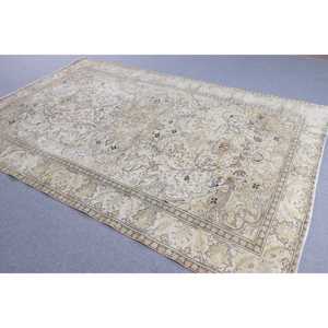 พรมขนาด 6.4x9.7 ฟุต, พรมวินเทจตุรกี, พรมขนสัตว์ลายดอกไม้สีขาวน้ำตาล - Product Image 2