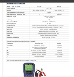 METRAVI <b>BATTERY</b> ANALYSERS BT-220 <b>Battery</b> Compatibility easures voltage, internal resistance, cold start current, SOC, and HOC. - Product Image 6
