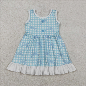 ชุดเดรสเด็กผู้หญิงแขนกุดลายตารางผูกโบว์ระบายยาวถึงเข่า - Product Image 3