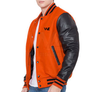 Chaqueta Vintage Varsity para hombre cuello alto mangas de cuero otoño Negro estilo béisbol logotipo personalizado bordado Opción de parejas - Product Image 3