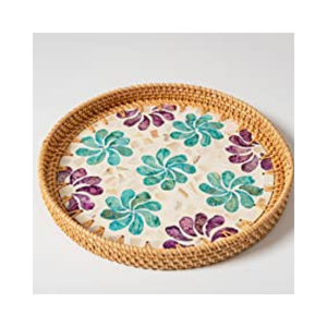 Bandeja Redonda Decorativa de Ratán con Incrustaciones de Nácar y Patrón de Mosaico, con Asa - Product Image 3