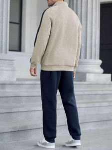 <b>Mens</b> Beige and <b>Navy</b> Blue Contrast Snap-Button Pullover Sweatshirt and Matching <b>Jogger</b> Pants Tracksuit OEM ODM Wholesale Apparel - Product Image 4