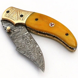 Navaja de bolsillo plegable multifuncional de acero de Damasco, hoja de botón para acampar al aire libre, caza, madera compatible con OEM ODM para - Product Image 3