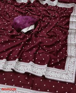 โรงงาน AG EXPORT ผลิตและจำหน่ายผ้าส่าหรีโพลีเอสเตอร์พร้อมส่ง มีลวดลายพู่ห้อยและประดับมุก เหมาะสำหรับงานแต่งงานและชุดเจ้าสาว - Product Image 4