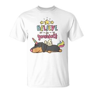 T-shirt Dachshund Unicorn Believe In Yourself pour adulte, unisexe, col rond, blanc, 100 coton, imprimé graphique, design motivant - Product Image 1