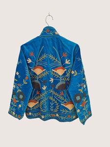 Veste décontractée pour femme en velours bleu, style bohème, broderie florale, col mandarin, manches longues, grande taille, pour l'automne - Product Image 2