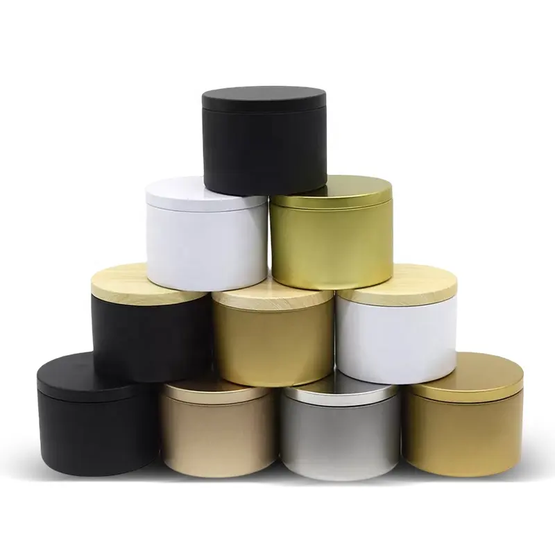 Wholesale all black white metal scented candle tins 8oz empty cans for candles candy tea tins gold color