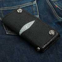 Dompet Rantai Kulit Sapi Vintage untuk Pria, Dompet Biker Panjang Buatan Tangan, Pemasok Label Pribadi OEM, Dompet Biker Kulit Hitam