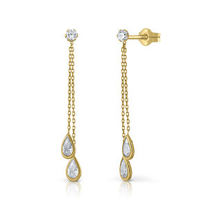 Gold <b>Long</b> <b>Earrings</b> with 2 Chains and 2 Cz Stones - Product Image 1