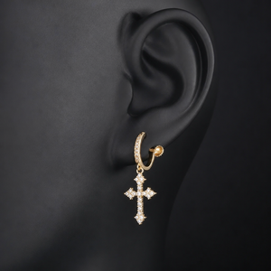 Iced Out Full Pave CZ Cross Dangle <b>Clip</b> <b>On</b> Hoop <b>Earrings</b> Adjustable Screw Back E021 - Product Image 2