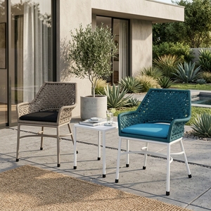 Teal Outdoor <b>Dining</b> <b>Armchair</b> White Aluminium Frame Synthetic Ropes Blue Cushion Patio Setup Art Design Decor - Product Image 3