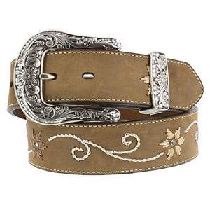 Western Cowboy Leather <b>Belt</b> with Embroidered Floral Design and Antique <b>Silver</b> Engraved <b>Buckle</b> - Product Image 1