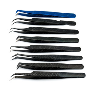 Pinzas para pestañas con punta de fibra de acero inoxidable con etiqueta privada, pinzas para pestañas finas de 45 y 90 grados de Color negro, pinzas para Volumen de bota - Product Image 1
