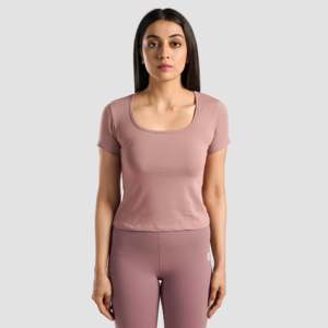 Dusty Pink Y2K Woman <b>Top</b> Slim Fit Short Length Knitted Cotton Lightweight Breathable Fabric Bow Collar Hole Letter Decoration - Product Image 1