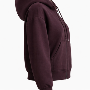 Sudadera corta con capucha y cremallera completa para mujer, de forro polar, color burdeos liso, estilo urbano, longitud corta, personalizable con logo. - Product Image 3