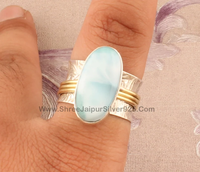 Bague de méditation et d'apaisement en argent sterling avec larimar rond et abeille, style bohème, pour femme, mariage et fiançailles