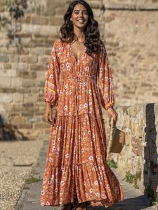 Boho Floral Print Frill Vintage Bohemian Print V-Neck Street <b>Dress</b> Casual Summer Loose Long Sleeve <b>Dress</b> Maxi <b>Dress</b> - Product Image 5