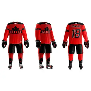Uniforme de hockey sobre hielo de poliéster puro hecho camisa de uniforme de hockey sobre hielo con pantalones cortos con logotipo personalizado para la venta