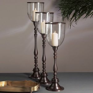 Porte-bougie en aluminium coûteux, style T-light, pilier avec ensemble de 3 bougeoirs en verre, finition bronze, porte-bougie artisanal pour bougie chauffe-plat - Product Image 1
