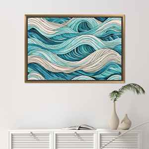 Art sur toile abstrait Vague Océanique : Impression décorative côtière bleu beige, toile encadrée dorée - Product Image 1