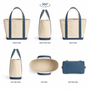 <b>Canvas</b> <b>Tote</b> Bag Beige with Navy Blue Trim Open Top Minimalist Style All Seasons Shopping Bag - Product Image 2
