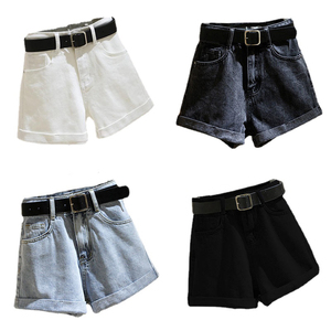 Shorts en toile denim respirants à taille mi-haute et coupe régulière pour femmes, avec fourrure et ceinture, shorts pour femmes - Product Image 1