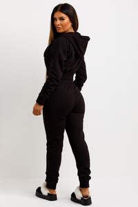 AASTANA WEARS INC Custom <b>Black</b> <b>Women's</b> 2-Piece Fleece Tracksuit Set <b>Zip</b> Front Cropped <b>Hoodie</b> Sweatpants Quick Dry Breathable - Product Image 3