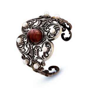 925 Sterling <b>Silver</b> Antique Byzantine <b>Cuff</b> <b>Bracelet</b> with Pearl and Tiger Eye Stone Fashionable and Elegant - Product Image 2