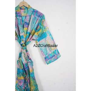 Indian Handmade Knitted Silk Kimono Robe V-Neck Drawstring Closure Patchwork Design Long Sleeves Four-Season Quick Dry <b>Women's</b> - Product Image 3