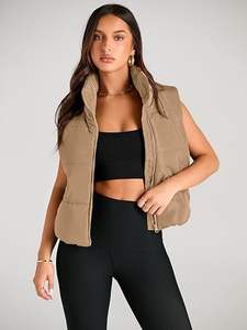 Gilet matelassé court pour femme Vêtements d'extérieur rembourrés chauds et légers avec col montant zippé et poches Fabricant d'automne hiver - Product Image 6