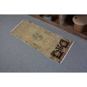 Tapis turc vintage 1,4x3,8 pieds Beige bleu fait à la main en laine peluche hauteur forme rectangulaire abstraite pour chambre Patchwork Design - Product Image 4