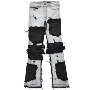 Pantalones vaqueros blancos y negros desgastados personalizados de alta calidad para hombre, pantalones de pierna ancha rasgados elásticos transpirables, ajuste Regular lavado - Product Image 1