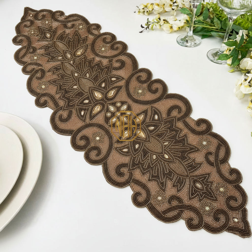 Intricate Floral Design Beige Decorative Table Runner