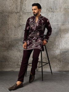 Festive Wear DESIGNER PARTY WEAR READYMADE <b>INDIAN</b> MENS PURPLE VISCOSE SILK <b>KURTA</b> - Product Image 4
