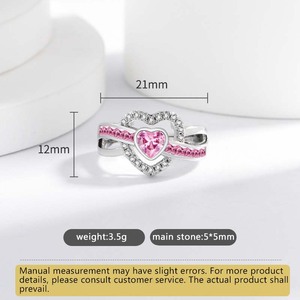 Anello a Cuore in Ottone Placcato Argento con Zircone Rosa, Regolabile, Gioiello di Lusso per Donne - Product Image 4