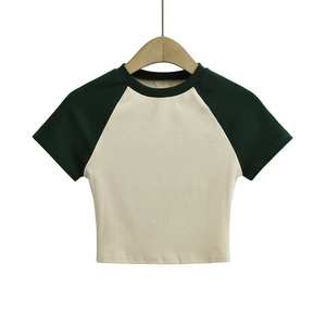 Logo imprimé personnalisé femmes haut court T-Shirt col rond respirant anti-rides teint uni motif cachemire - Product Image 2