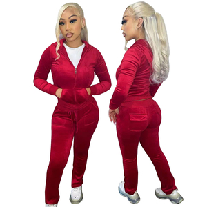 Conjunto de dos piezas de terciopelo para mujer de otoño, chándal para mujer, chaqueta con cremallera, Top corto, pantalones de pierna ancha, pantalones de chándal, Sudadera con capucha de terciopelo para mujer - Product Image 4