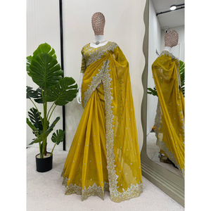 Haute Qualité Lourd Tibby Soie Designer Fil Sequin Travail Saree En Vrac En Gros Comprend Mono Benglori Blouse pour Les Occasions De Fête - Product Image 1