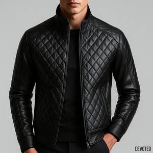 Chaqueta de burbujas rellena de algodón de piel de vaca genuina para hombres Lona de color coñac Diseño personalizado Patrón de letras Frente Invierno - Product Image 2