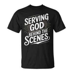 T-shirt pour homme noir, taille L, « Servir Dieu en coulisses », production d'église - Product Image 1