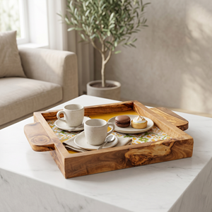 Elegant Square Ottoman Tray Customizable Olivewood & Ceramic Serving Tray for Contemporary <b>Coffee</b> <b>Tables</b> - Product Image 4