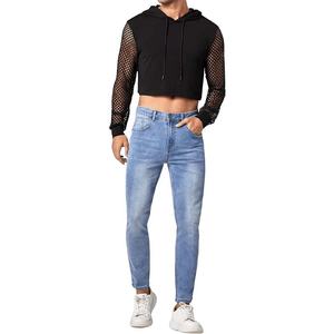 Sudadera con capucha corta para hombre de último diseño, Sudadera con capucha recortada con cordón de malla en contraste de manga larga - Product Image 5