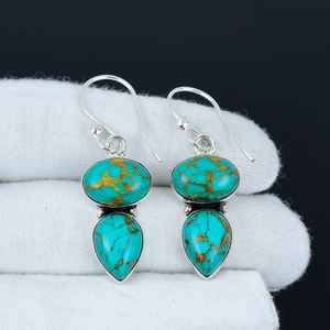 Natural Turquoise Gemstone Handmade 925 Sterling Silver Double Boho Earrings Unique Handmade Gifts For Love - Product Image 3