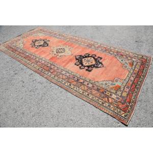 Alfombra de lana de estilo turco Vintage 5,2X11,5 pies naranja clásico con patrón de retazos geométricos con respaldo de látex para uso en la sala de estar - Product Image 3