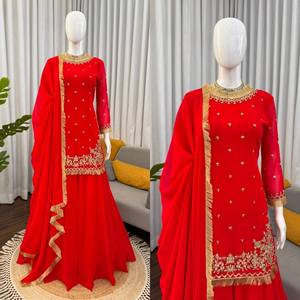 Ensemble Sharara Dupatta VASTRA COTTAGE en Faux Georgette avec Broderie de Fil et de Paillettes, Dentelle Fantaisie, Entièrement Cousu, Tenue de Soirée - Product Image 6